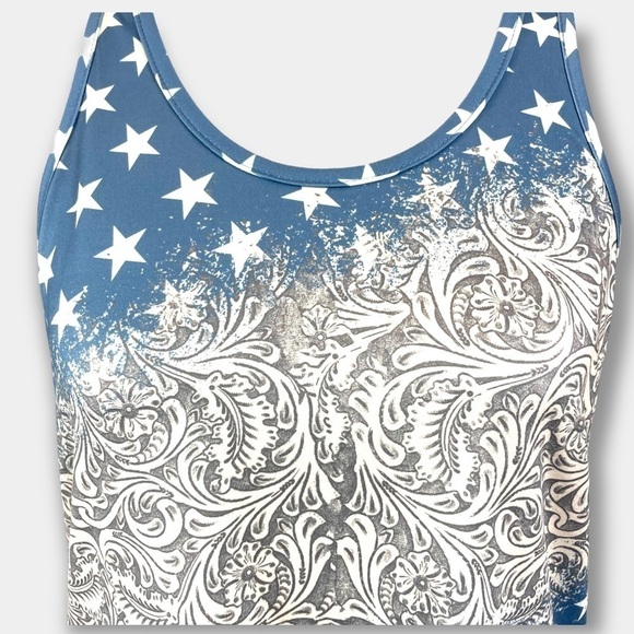 NWT Crazy Train Leather Lass Star Tank Top Blue Cream Size XS - Picture 2 of 6